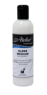 Bottle of Atelier Gloss Medium 250ml for acrylic painting, enhancing color vibrancy and creating glossy finishes.