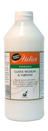 1 Litre bottle of Atelier Gloss Varnish, showcasing its glossy finish, vibrant color enhancement, and protective qualities for artwork.