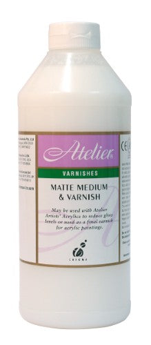 Atelier Matte Varnish 1 Litre bottle, premium protective finish for artwork offering a matte look and quick-drying application.