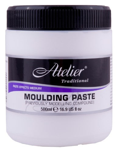 Acrylic moulding paste in a 500ml container, ideal for adding texture and dimension to art projects with controlled drying time.