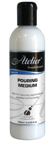 Atelier Pouring Medium 250ml for fluid acrylic pouring; enhances color transparency, dries glossy, and is durable for lasting art.