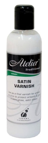 Atelier Satin Varnish 250ml, a clear acrylic varnish enhancing colors and protecting artwork, ideal for artists and DIY projects.