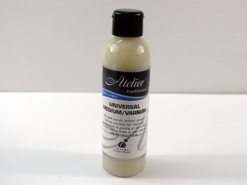 Acrylic paint medium and varnish, 250ml, for enhanced color saturation and versatile finishes from low sheen to high gloss.