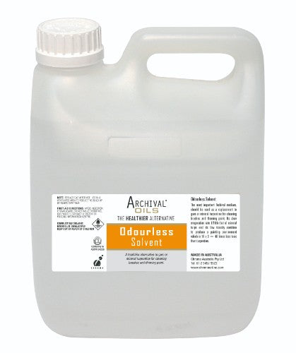 Archival Oil Odourless Solvent in a 4-litre container, designed for flexible oil painting with patented formula.