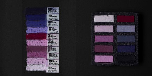 Set of 10 violet soft pastels featuring rich pigments for smooth application, blending, and vibrant color transitions.