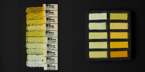 Vibrant set of 10 extra soft yellow pastels, perfect for artists seeking smooth blendability and color intensity.