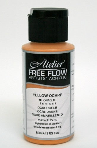 Atelier Free Flow Acrylic Paint in Yellow Ochre, 60ml, vibrant, fluid, quick-drying, ideal for various artistic techniques.