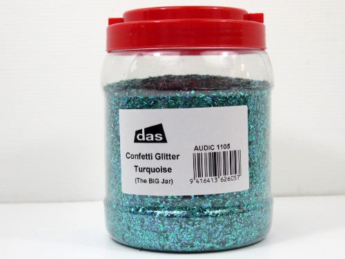 Vibrant turquoise confetti glitter in a large jar, perfect for crafts and celebrations, non-toxic and safe for all ages.