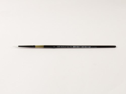 Taklon round artist brush with fine tip, short handle for precise control in watercolors, acrylics, and oils.