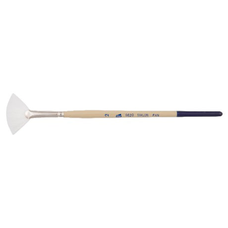 White Taklon Fan Brush #2, designed for watercolor and acrylic, perfect for blending, shading, and creating textures in art.