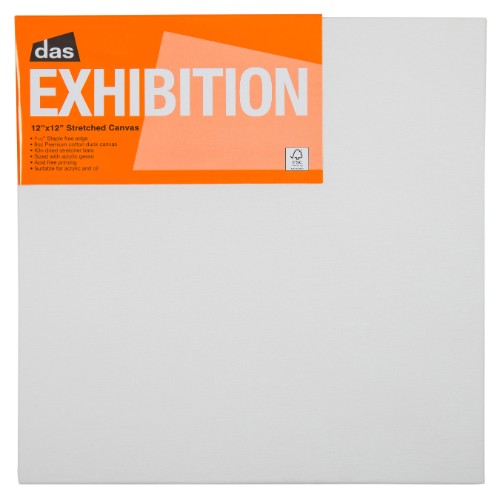 Das Exhibition 1.5 Canvas measures 12x12 inches, made of natural cotton with a durable, warp-resistant frame for artists.