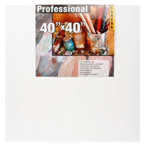 Heavy-duty 40x40 inch canvas made from 100% cotton, featuring a triple primed surface and adjustable stretcher bars.