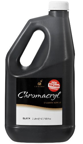 A 2-liter bottle of Chromacryl black acrylic paint, perfect for artists and classrooms, offering rich color and non-toxic safety.