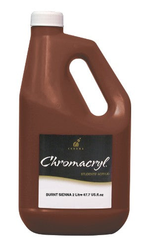 A 2-liter bottle of Chromacryl Burnt Sienna acrylic paint, perfect for vibrant artwork and easy blending.