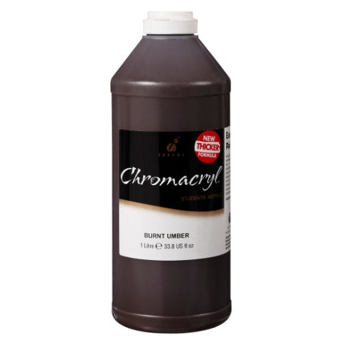 Acrylic paint bottle of Chromacryl 1L in Burnt Umber, perfect for vibrant artistic expression and educational use.