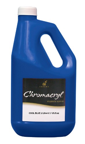 A vibrant 2-liter bottle of Chromacryl Cool Blue acrylic paint, ideal for artists and students, featuring smooth application and excellent blending.