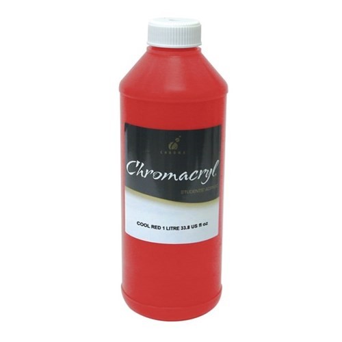 Vibrant 1L Chromacryl Cool Red acrylic paint, perfect for artists and students, ideal for various surfaces and easy to clean.