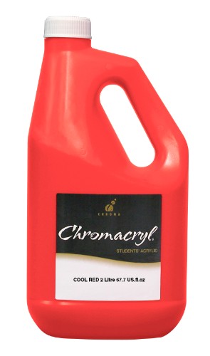 Vibrant 2-liter Cool Red acrylic paint from Chromacryl, ideal for artists and students, ensuring excellent adhesion and easy cleanup.