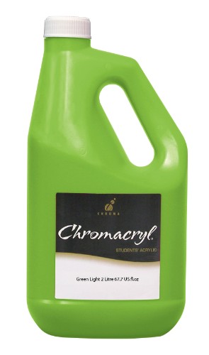 Vibrant 2-liter green light acrylic paint by Chromacryl for versatile artistic projects, safe and non-toxic for all users.