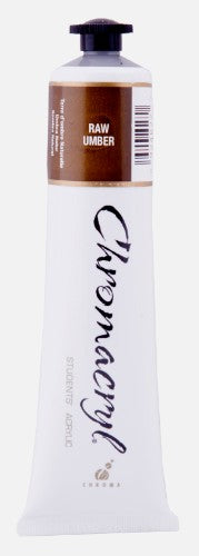 Acrylic paint tube featuring Chromacryl Raw Umber, 75ml, known for rich pigmentation and smooth application for artists.