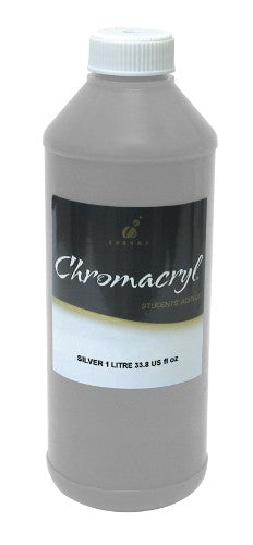 "One liter of Chromacryl Silver acrylic paint, ideal for vibrant, versatile artistry and creative classroom projects."