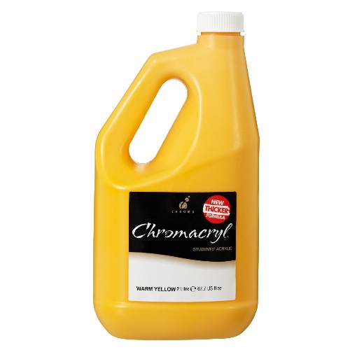 Vibrant 2-liter bottle of Chromacryl Warm Yellow acrylic paint, perfect for artists and students alike.