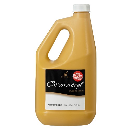 A vibrant 2-liter container of Chromacryl Yellow Oxide acrylic paint, ideal for artists and students seeking rich pigmentation.