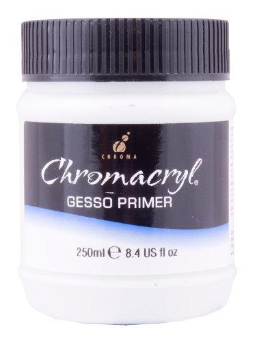 High-quality Chromacryl Gesso Primer 250ml, perfect for smooth surfaces and vibrant color application in various painting projects.