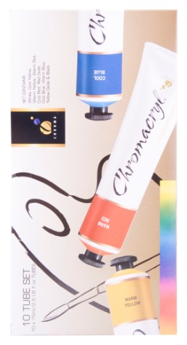 Chromacryl Acrylic Paint Set of 10x75ml tubes featuring vibrant colors for artists of all levels, ideal for various surfaces.