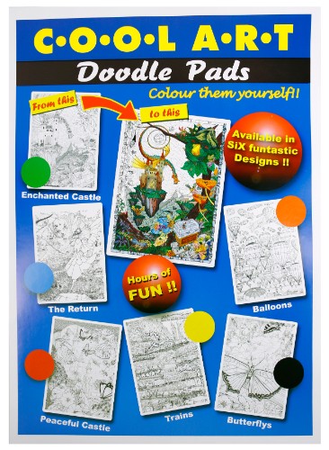 A2-sized blue doodle pad featuring vibrant colors and intricate designs for creative expression and fine motor skill development.