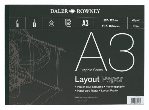 A3 layout pad with 80 sheets of lightweight 45gsm paper, ideal for drawing and sketching with various mediums.