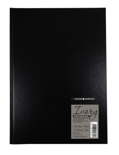 Black hardback A6 sketchbook with 78 perforated acid-free sheets, perfect for artists and students.