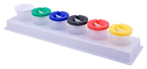 Set of 6 non-spill pots with lids and tray, perfect for organizing paints and preventing mess during creative projects.