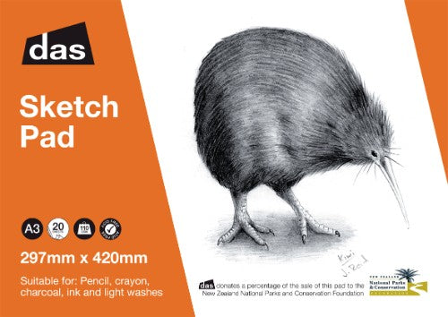 Das Sketch Pad (Kiwi) A3 with 20 sheets of 110gsm paper, perfect for various mediums and artistic expressions.