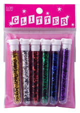 Assorted glitter set of 6 vibrant colors for crafting, scrapbooking, and DIY projects, safe for all ages.