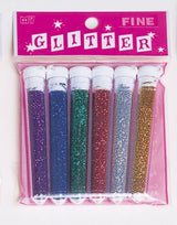 Colorful set of 6 fine glitters, perfect for arts and crafts, safe for all ages, ideal for adding sparkle to projects.