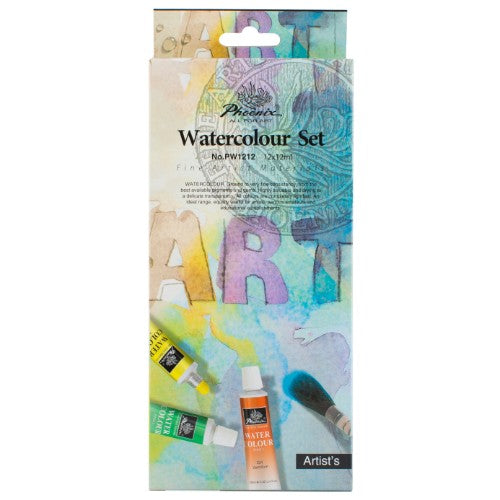 Vibrant Phoenix Watercolour 12 X 12ml Sets with a balanced palette for artists, featuring high-quality, long-lasting pigments.