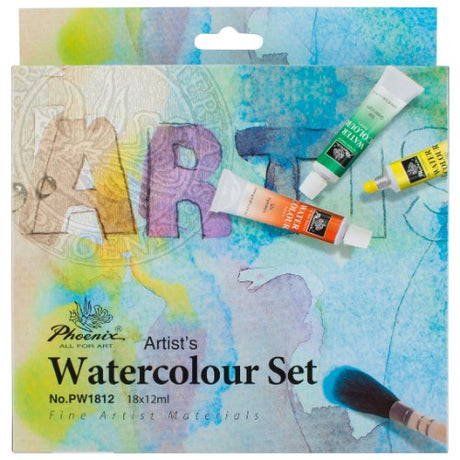 Vibrant set of 18 x 12ml Phoenix watercolour paints, perfect for artists of all skill levels for blending and creating stunning effects.