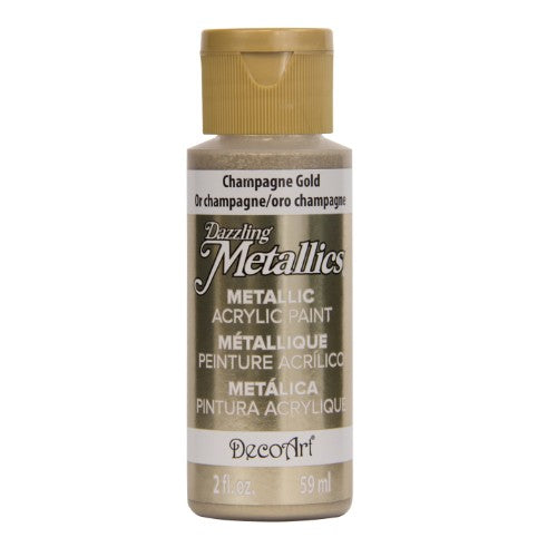 A bottle of 2oz champagne gold acrylic paint, ideal for adding metallic accents to crafts and home decor projects.