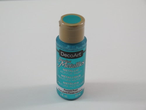 Vibrant 2oz acrylic paint in Peacock Pearl, featuring a metallic sheen with blue-green tones for creative projects.