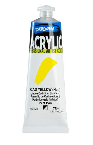 Derivan Acrylic Paint 75ml in Cadmium Yellow Hue, vibrant, lightfast, and perfect for artists and hobbyists.