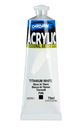 Acrylic paint tube of Derivan 75ml Titanium White, ideal for vibrant, long-lasting artwork on various surfaces.