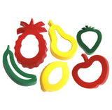 Colorful set of 6 fruit-shaped plastic dough cutters, perfect for creative cooking and crafting activities.