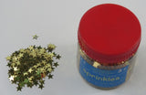 Gold star-shaped edible sprinkles in a 50g pack, perfect for adding glamour to cakes, desserts, and festive treats.