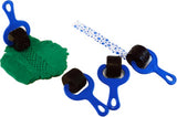 Four colorful rubber rollers with blue handles for creative play with dough and paint, ideal for young artists.