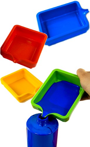 Colorful set of 4 paint saver trays with spouts for kids' artwork, designed to minimize mess and reduce paint wastage.