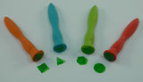 Colorful set of 4 soft grip geometric stampers designed for kids, ideal for creative play with dough, paint, and clay.