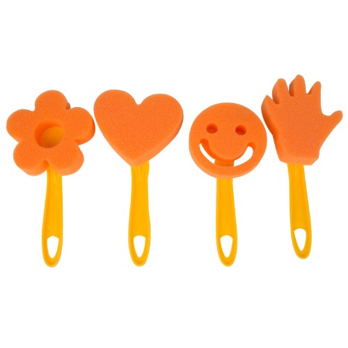 Colorful sponge shape stampers for kids, featuring smiley face, hand, flower, and heart designs for creative art projects.