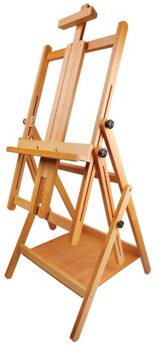 Premium beech wood easel with adjustable mast, center stabilizer, and utility shelf for versatile artistic use.