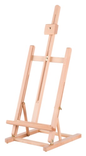 Small table easel made of elm wood, height adjustable to 75 cm and holds canvases up to 56 cm for versatile artistic display.